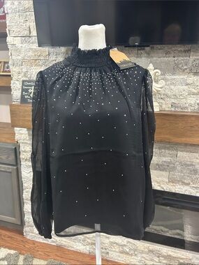 Main Strip Black  Blouse with Silver Stud Accents and sheer sleeves NWT size L